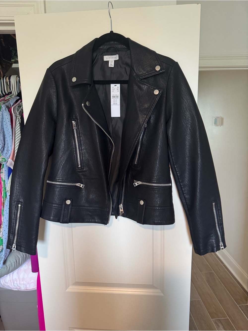 Topshop Black Faux Leather Biker Jacket with Silver Hardware